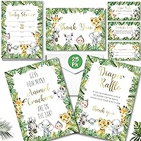 127 Pc Jungle Safari Baby Shower Invitations For Boy And Girl With Envelopes, Thank You Cards, Baby Book Request Cards, Diaper Raffle Tickets & Sign, Guess How Many Baby Shower Game -25 Guest Set