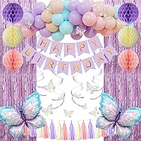 Amandir Purple Butterfly Birthday Decorations for Girls Women, Pastel Pink Purple Blue Foil Balloons Happy Birthday Banner Fringe Curtains Honeycomb Balls Paper Tassels Summer Spring Party Supplies
