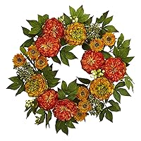 Nearly Natural 4580 24â€ Peony and Mum Wreath,17.5'' x 5.25'' x 17.5'' , Green