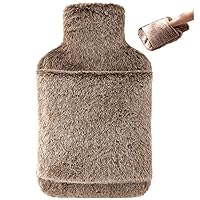 samply Hot Water Bottle with Furry Cover - 2L Hot Water Bag with Hand Pocket, for Hand Feet Warmer, Khaki