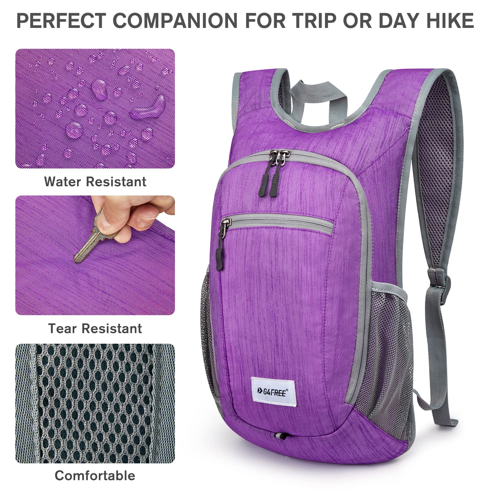 G4Free 10L/15L Hiking Backpack Lightweight Packable Hiking Daypack Small Travel Outdoor Foldable Shoulder Bag(Purple)