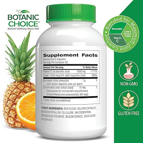 Botanic Choice Uric Acid Complex Foot Joint Support Supplement – Help Sooth Discomfort with Celery Seed and Bromelain - 60 Capsules