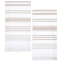 Hand Towels for Bathroom Set of 2, 100% Cotton, 28x16 in, Turkish White Soft and Absorbent Decorative Bath Hand Towels, Modern Tan Striped Towels