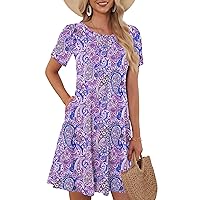 WNEEDU Floral Dress for Women Casual Summer Spring Sundresses Boho Swing T-Shirt Short Sleeves Pocket Floral Purple 2XL