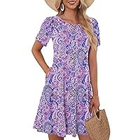 WNEEDU Women's Summer Casual T Shirt Dresses Short Sleeve Swing Dress with Pockets