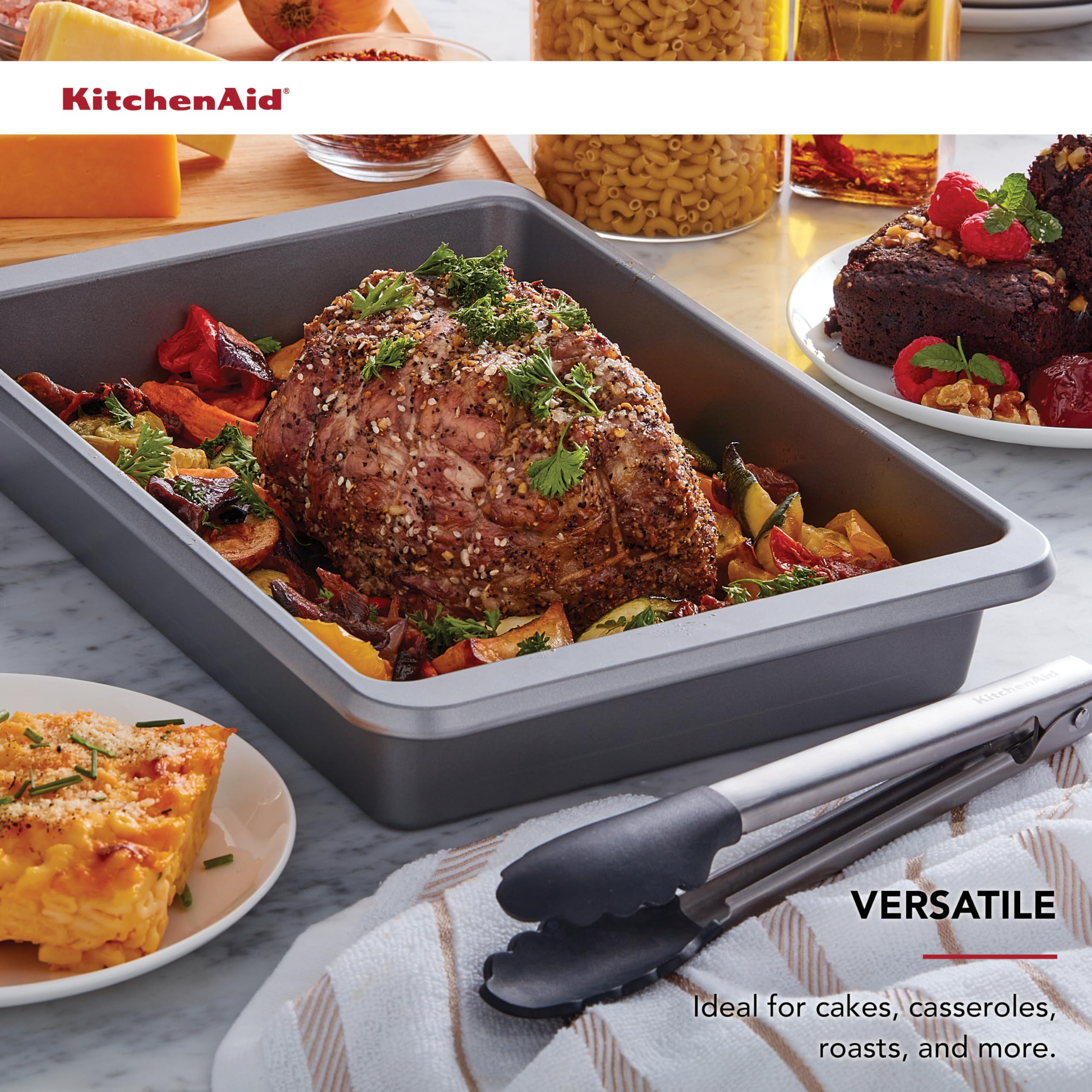 KitchenAid Nonstick 9x 13 in Cake Pan with Extended Handles for Easy Grip, Aluminized Steel to Promoted Even Baking, Dishwasher Safe,Contour Silver