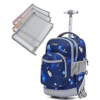 Rolling Backpack for kids with Zipper Mesh Pouch Adjustable Laptop Backpack with Wheels for Girls to School Travel Camping Boys Rolling Backpack Meteorite Blue 18 Inch