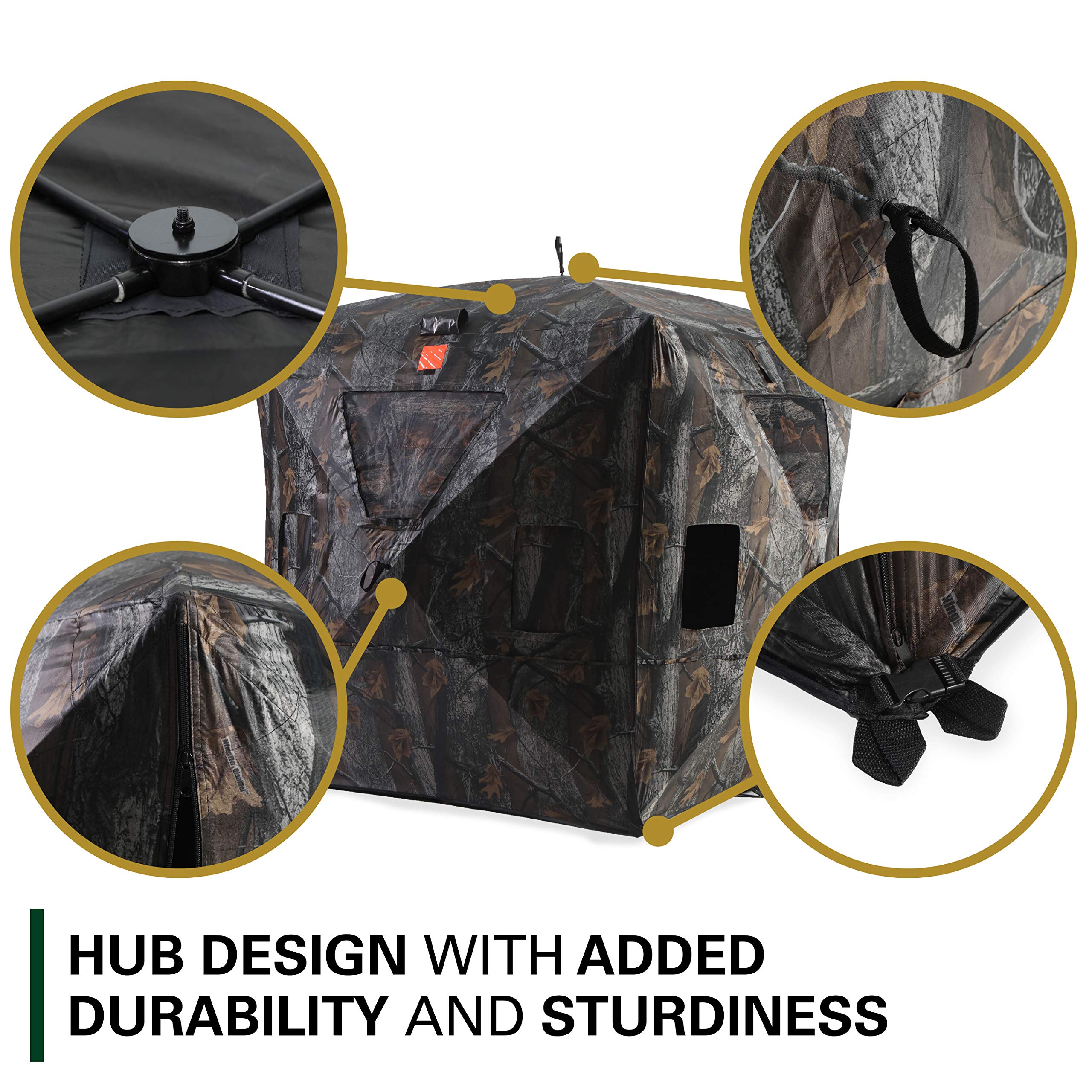 Black Hoof Outdoors Deluxe Hunting Blind, Ground Blind for Deer & Turkey, Pop Up Hub Design Tent with Stakes for 2-3 Person, Camouflage Screen and Adjustable Windows for Gun, Bow, & Photography