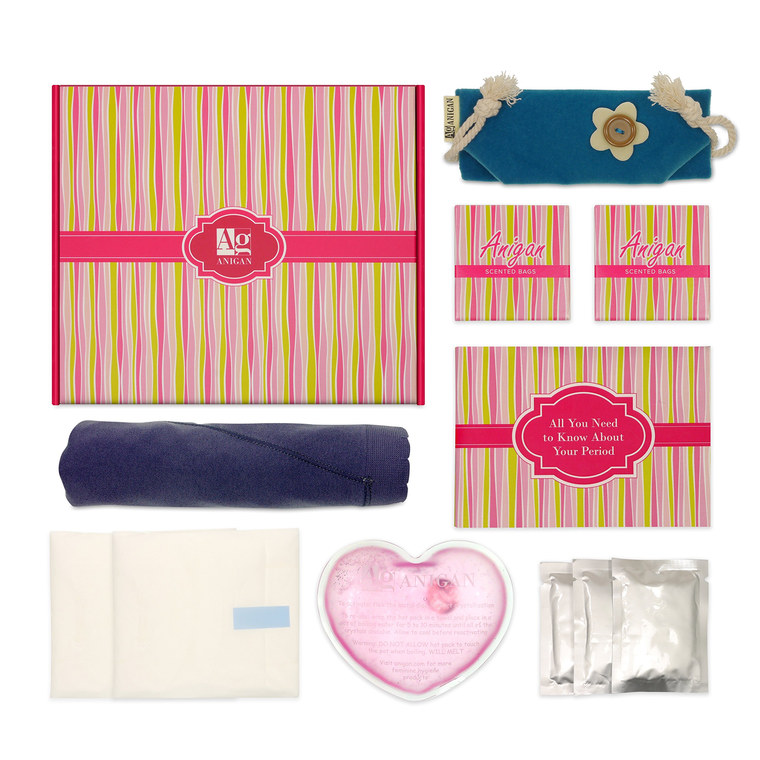 Anigan First Period Kit with Hipster Menstrual Panties, Instant Heat Pad, Informational Booklet & More, XS Blue