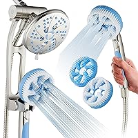 High Pressure 6-in-1 Aquassage by AquaCare - 76-mode 3-way Combo, Showerhead, Hand Shower, Body Brush, Hair Brush & Arm in One! Two Brackets, Extra-long 6 foot Stainless Steel Hose, Brush Head Holder
