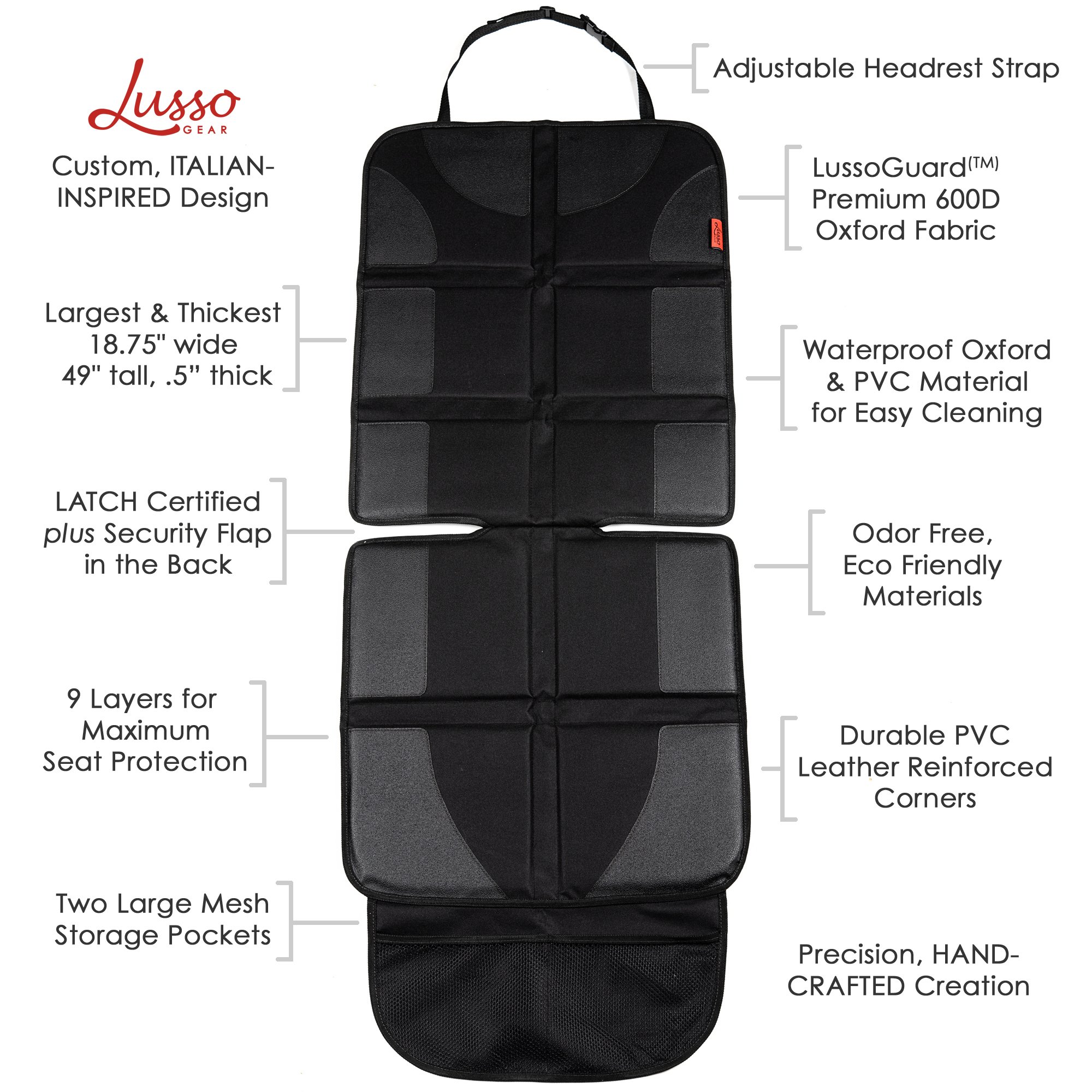 Lusso Gear Two Pack of Car Seat Protector (Black) + Two Pack of Heavy Duty Kick Mats (Black), Waterproof, Protects Fabric or Leather Seats, Premium Oxford Fabric, Travel Essentials…