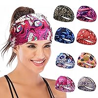 Headbands for Women Boho Printed Hair Band- 8-Pack Non-Slip Head Bands for Sport Yoga, Running Fitness.