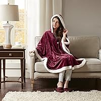 Comfort Spaces Angel Wrap Hooded Wearable Blanket Throw, Ultra Soft Giftable Plush To Sherpa Poncho Blanket Wrap With Pockets, Cozy and Warm Shawl Gift for Her, 58
