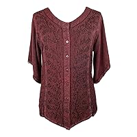 Agan Traders Medieval Vintage Short Sleeve Embroidered Blouses for Women - Button Down Comfy Summer Tops for Women