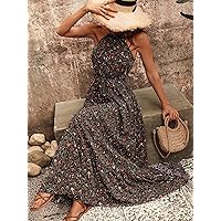 Women's Dress Dresses for Women Allover Print Ruffle Hem Belted Halter Dress (Color : Army Green, Size : X-Large)