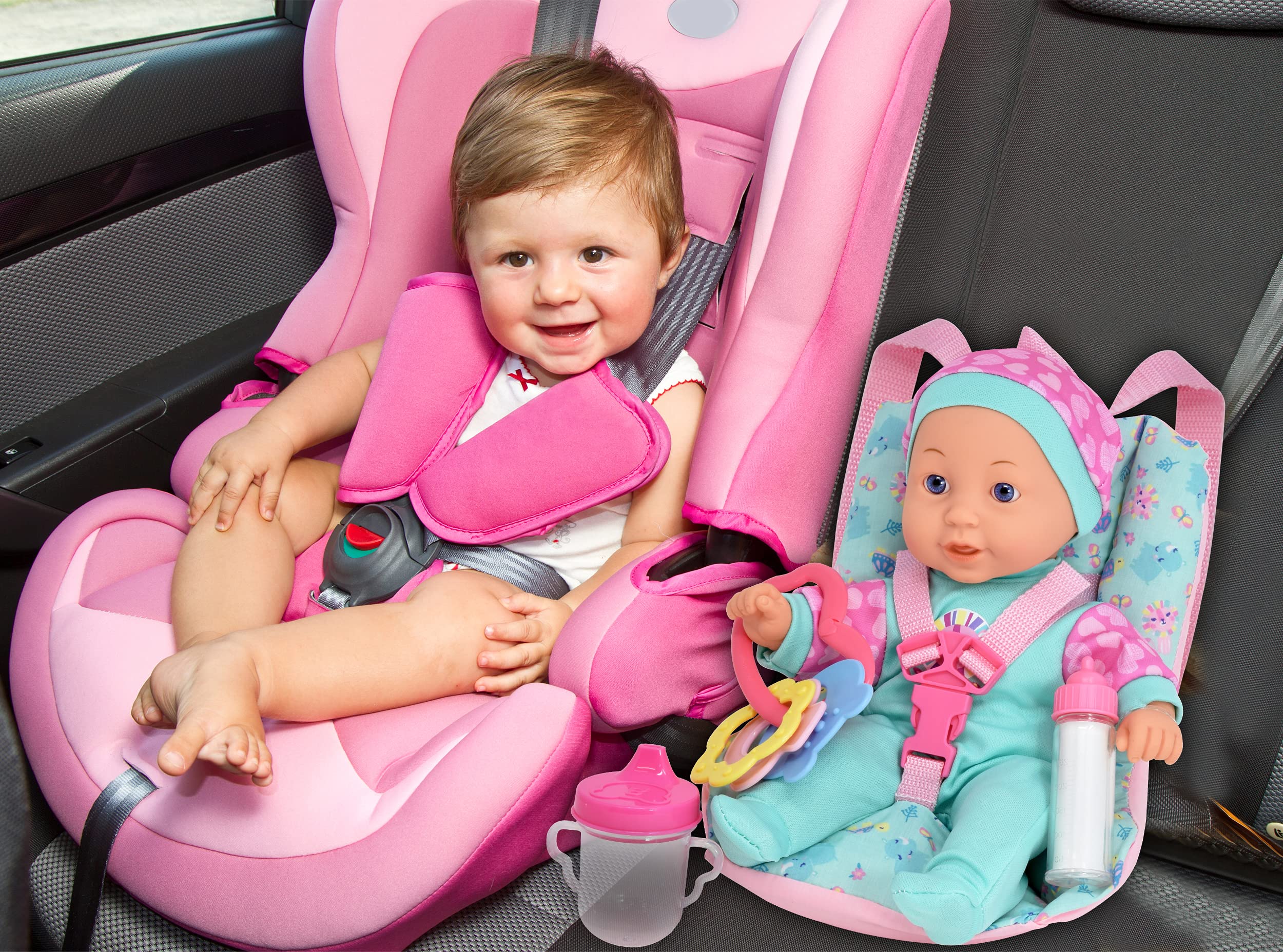 12 Inch Soft Body Baby Doll with Car Seat Carrier Backpack, Baby Doll with 2 Feeding Bottles Bib Rattle Toy Accessories Baby Doll Travel Gift Play Set for Toddlers Infants Kids Girls and Boys