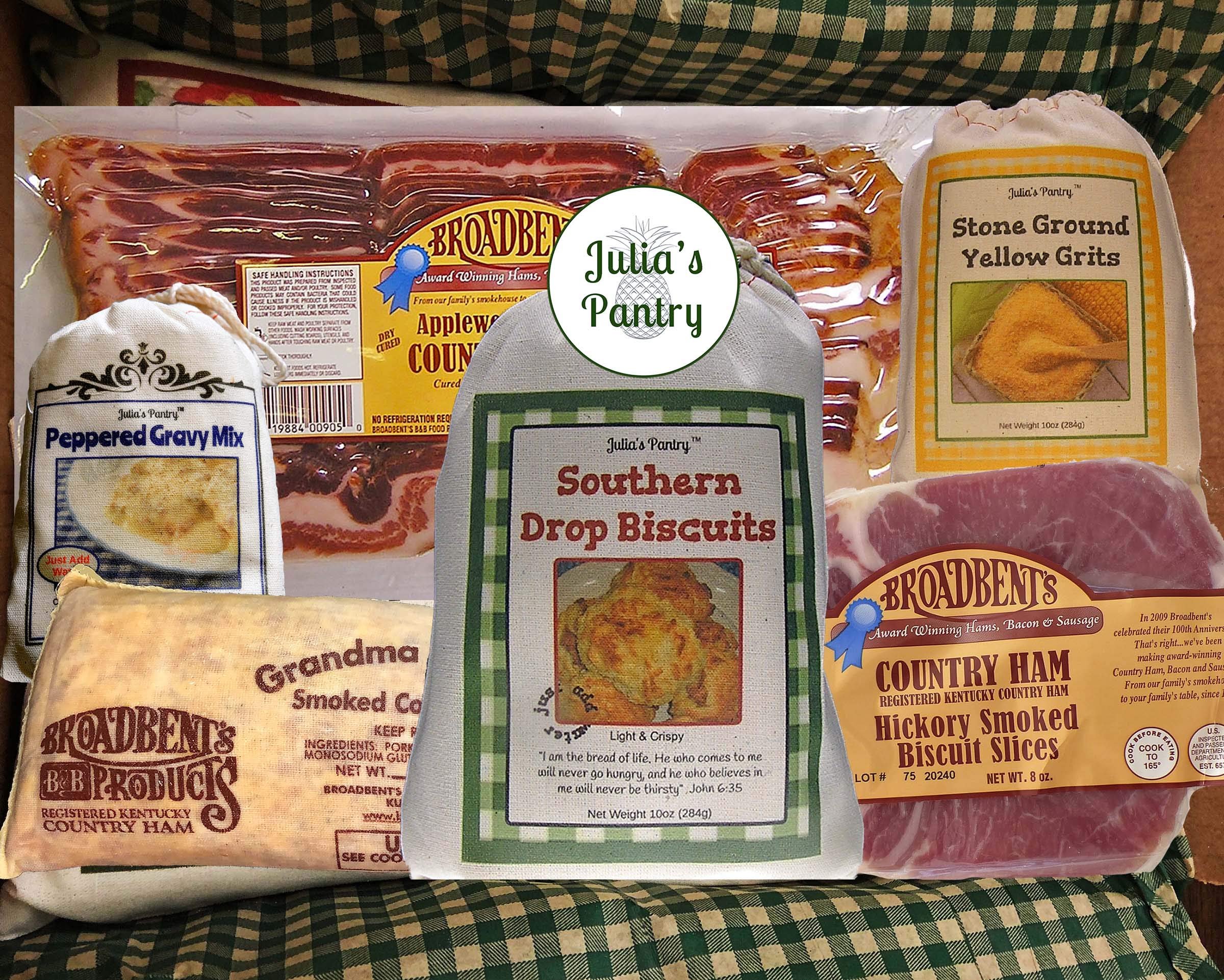 Country Breakfast - 8oz Hickory Smoked Country Ham Biscuit Slices, Country Sausage and 14oz Applewood Smoked Bacon, Buttermilk Biscuits, 10oz Stone...
