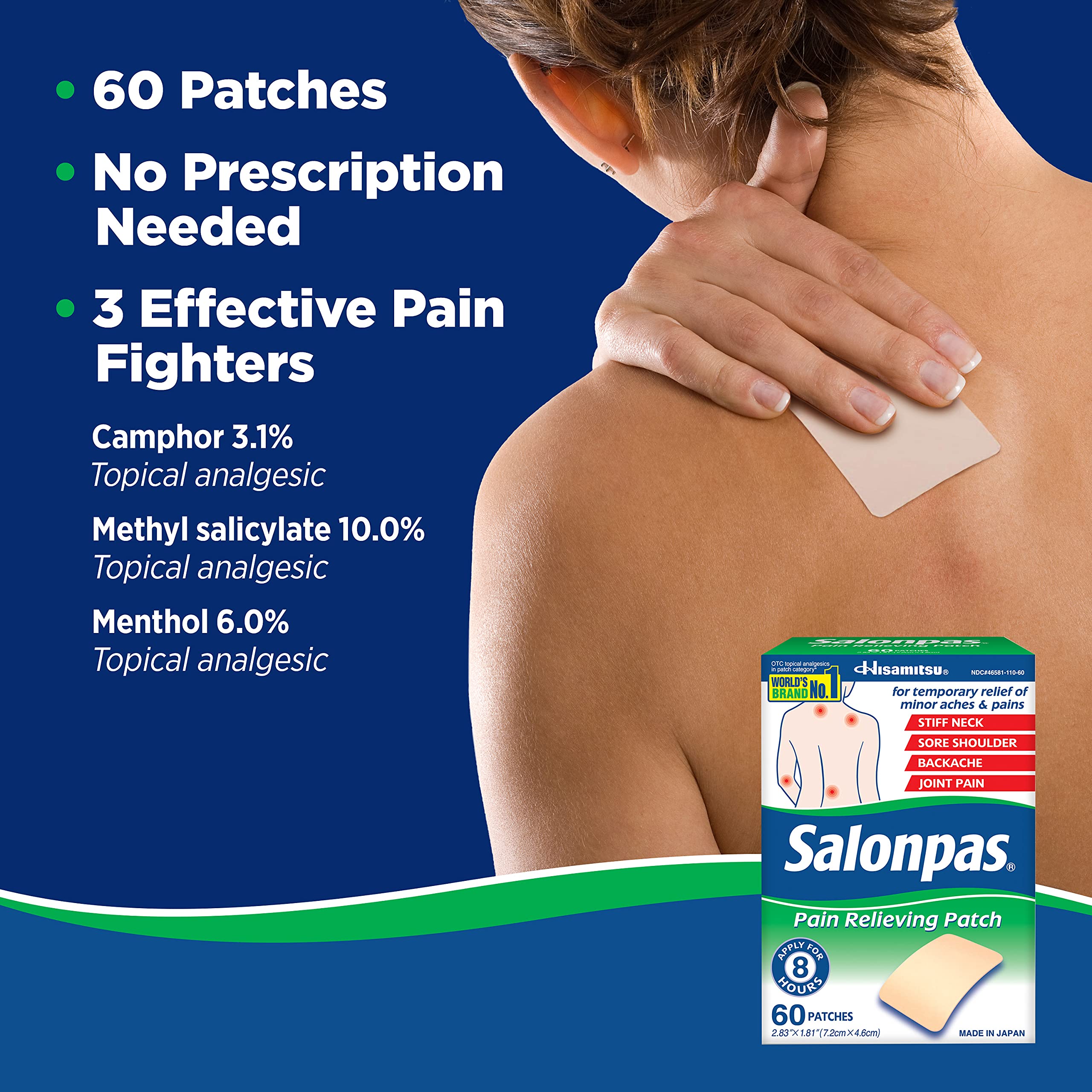 Salonpas Pain Relieving Patch for Back, Neck, Shoulder, Knee Pain and Muscle Soreness - 8 Hour Pain Relief - 60 Count