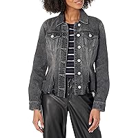 [BLANKNYC] Womens Wash Denim Peplum Trucker Jacket With Distressed Hem Finish, Fashionable & Stylish Coat, THRILL SEEKER, X-Small