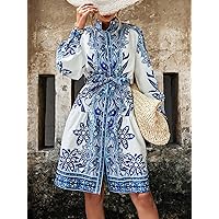 Women's Dress Dresses for Women Floral Print Bishop Sleeve Ruffle Hem Belted Shirt Dress (Color : Multicolor, Size : Small)