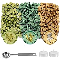 Yoption 360Pcs Wax Seal Beads, Metallic Antique Gold and Green Mix Sealing Wax Beads with 2Pcs Tea Candles and Wax Seal Spoon for Gift, Invitation, Envelope Seals