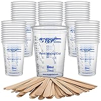 TCP Global 10 Ounce (300ml) Disposable Flexible Clear Graduated Plastic Mixing Cups - Box of 50 Cups & 50 Mixing Sticks - Use for Paint, Resin, Epoxy, Art, Kitchen - Measuring Ratios 2-1, 3-1, 4-1, ML