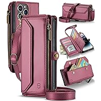 Crossbody for iPhone 14 Pro Max Case Wallet【RFID Blocking】with 10-Card Holder Zipper Bills Slot, Soft PU Leather Magnetic Shoulder Wrist Strap for iPhone 14 Pro Max Wallet Case Women,WineRed