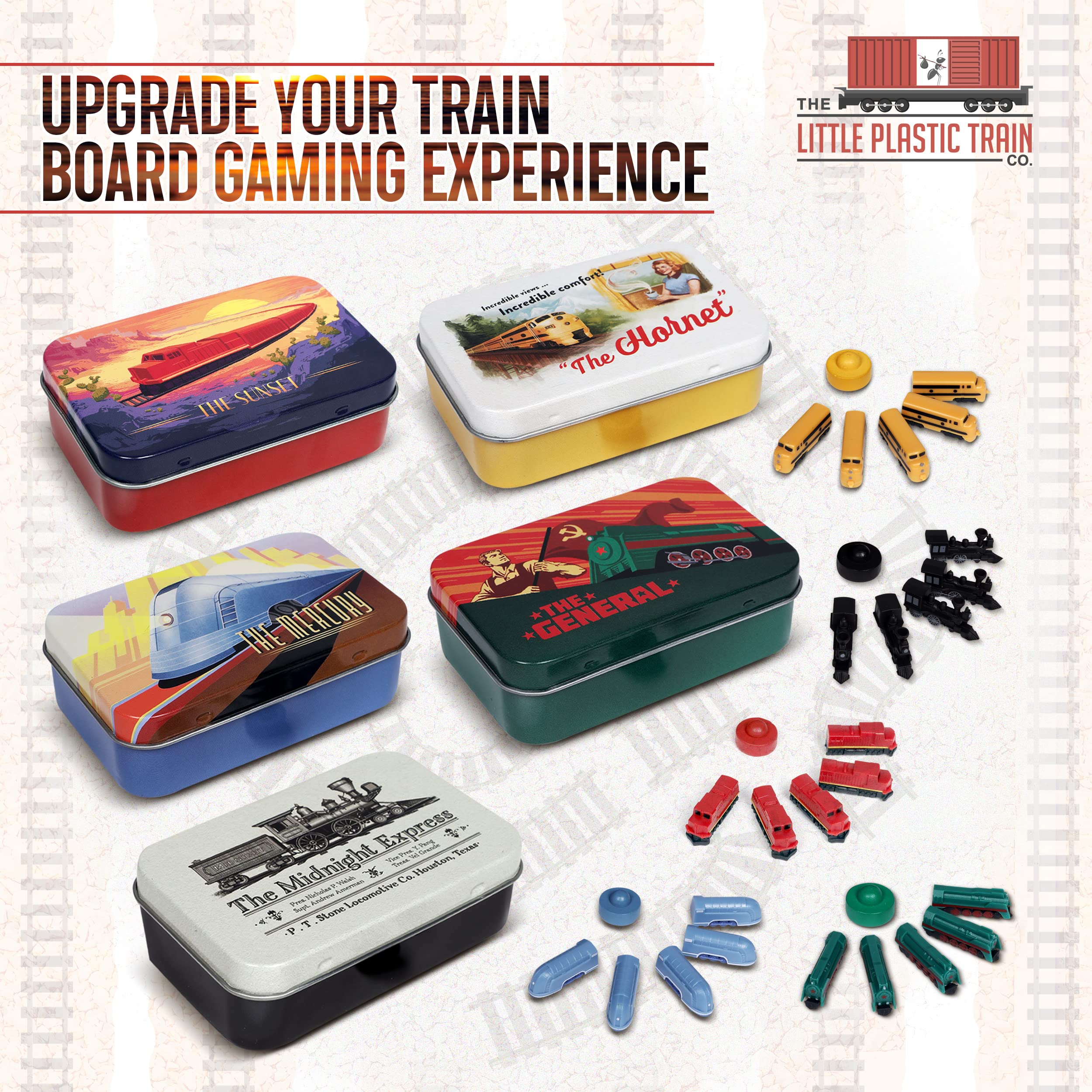 Sunset Deluxe Board Game Train Set | Player Pieces for Ticket to Ride and Other Adult, Family, and Kids Train Board Games | Upgraded Miniatures (Red)
