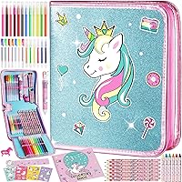 Unicorn Washable Markers Set with Glitter Pencil Case, Art Supplies for Kids Ages 4 5 6 7 8 9 10 Years Old, Arts Crafts Coloring Set with Crayon Pencil Gel Pen Stickers, Birthday Gifts for Girls 4-6-8