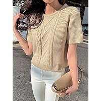 Women's Tops Shirts Sexy Tops for Women Solid Cable Knit Top Shirts for Women (Color : Khaki, Size : Large)