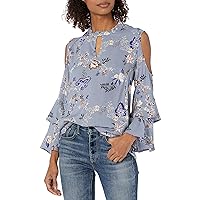 Angie Women's Long Blue Grey Printed Keyhold Cold Shoulder Top