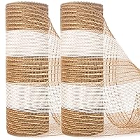 Ribbli 2 Rolls Poly Burlap Ribbon, Jute Burlap Mesh 10 inch x 30 feet(10Yard) Per Roll, Natural and White Stripe with Jute and Cotton Thread, Christmas Ribbon for Wreath Swags and Tree Decoration