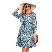 OBEEII Floral Midi Dress for Women, Lantern Sleeve V Neck Boho Summer Dress Casual Smocked A-line Flowy Vacation Beach Dress Party Wedding Guest Dresses Over 50 Lake Blue XL