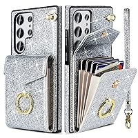 for Samsung Galaxy S23 Ultra Case Wallet Credit Card Holder Slots Ring Kickstand Glitter Bling Leather Girls Women Cover Heavy Duty Protective Shockproof Sleeve for S23 Ultra 5G 6.8