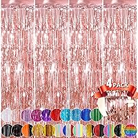 Rose Gold Metallic Tinsel Foil Fringe Curtains, 4 Pack 3.3x8.3 Feet Streamer Backdrop Curtains for Birthday Party Decorations, Halloween Decor, Foil Curtain Backdrop for Bachelorette Party