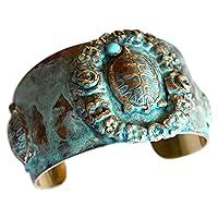 Elaine Coyne Wearable Art Verdigris Patina Brass Sea Turtles with Victorian Roses Border Tapered Cuff Bracelet - Turquoise