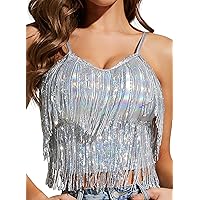 Women Sexy Shiny Metallic Silver Crop Tops Trendy Festivals Rave Halter