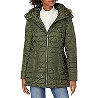 Andrew Marc Women's Chevron Quilted Down Jacket with Removable Faux Fur Hood