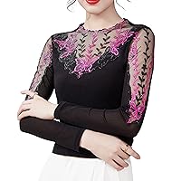 Women's Mesh Tops Long Sleeve Hollow Out Lace Butterfly Embroidery Rhinestone Blouses Work Chiffon Shirts