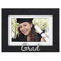 Malden International Designs 4x6 or 5x7 Graduation Distressed Expressions Picture Frame Silver Finish Grad Word Attachment Black Textured Wood Grain Finish MDF Frame White Beveled Mat