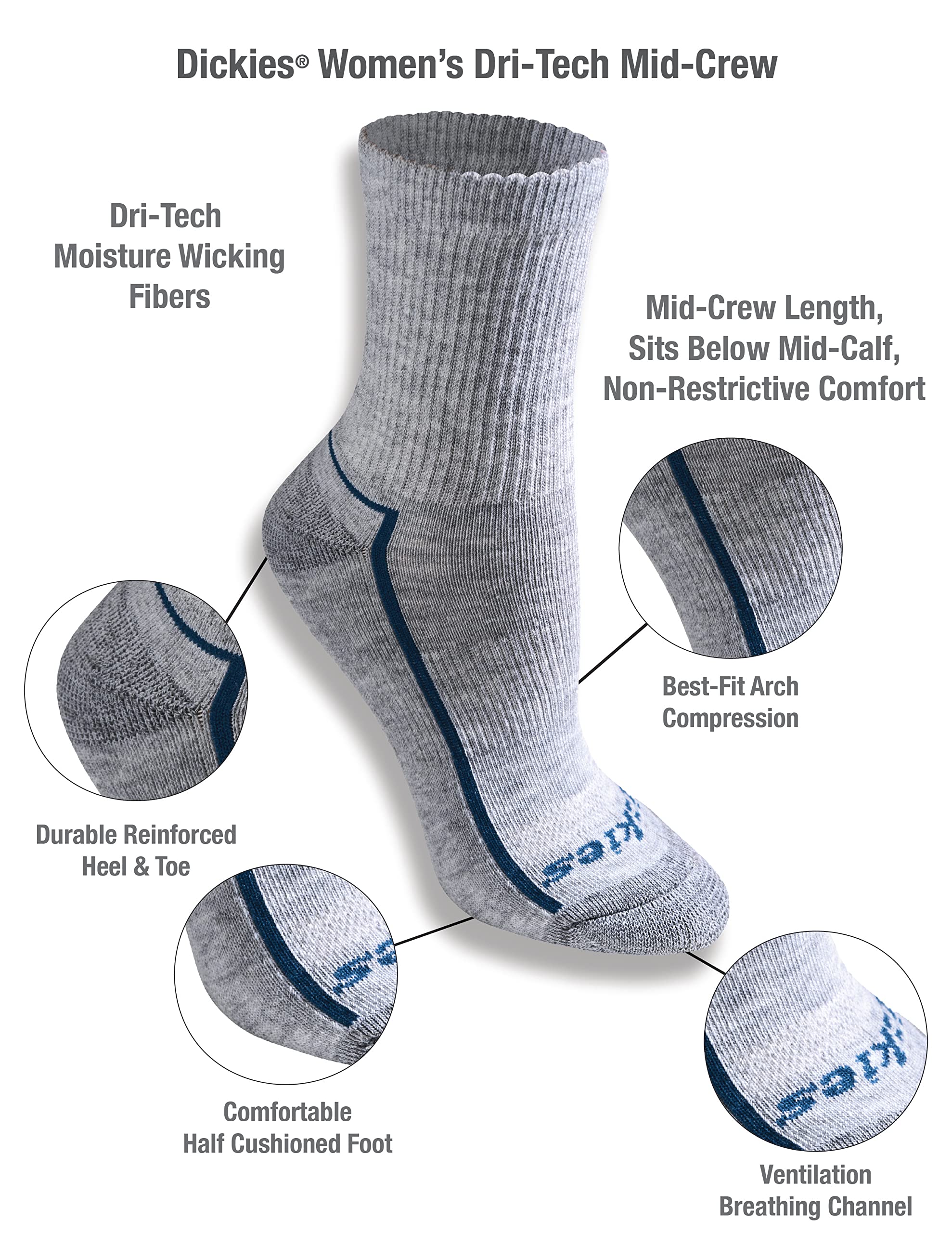 Dickies Women's Dritech Advanced Moisture Wicking Mid-Crew Sock