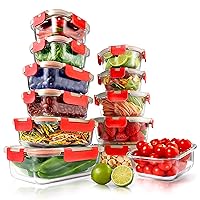 NutriChef Superior Glass Food Storage Containers - 24-Piece Stackable Glass Meal-prep w/ Newly Innovated Hinged BPA-Free 100% Leakproof Locking Lids - Freezer-to-Oven-Safe - NutriChef NCGLRED (Red)
