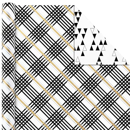 Hallmark Reversible Wrapping Paper Bundle with Ribbon & Gift Tag Stickers - Black, Gold Stripes, Plaid (3 Pack, 120 sq. ft. TTL, 30 Yds. Mini Ribbon, 36 Labels) for Graduations, Weddings, Christmas