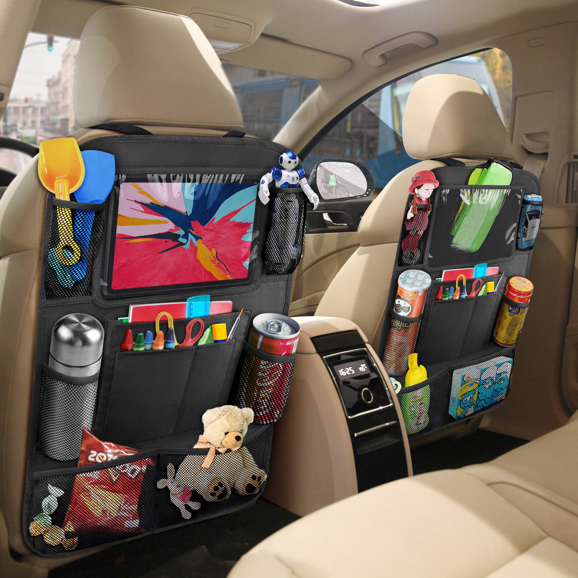 anban Car Backseat Organizer, Seat Back Protectors with 10 inch Tablet Holder + 9 Storage Pockets Kick Mats for Book Drink Toy Bottle, Travel Accessories for Kids Toddlers Black, 2 Pack