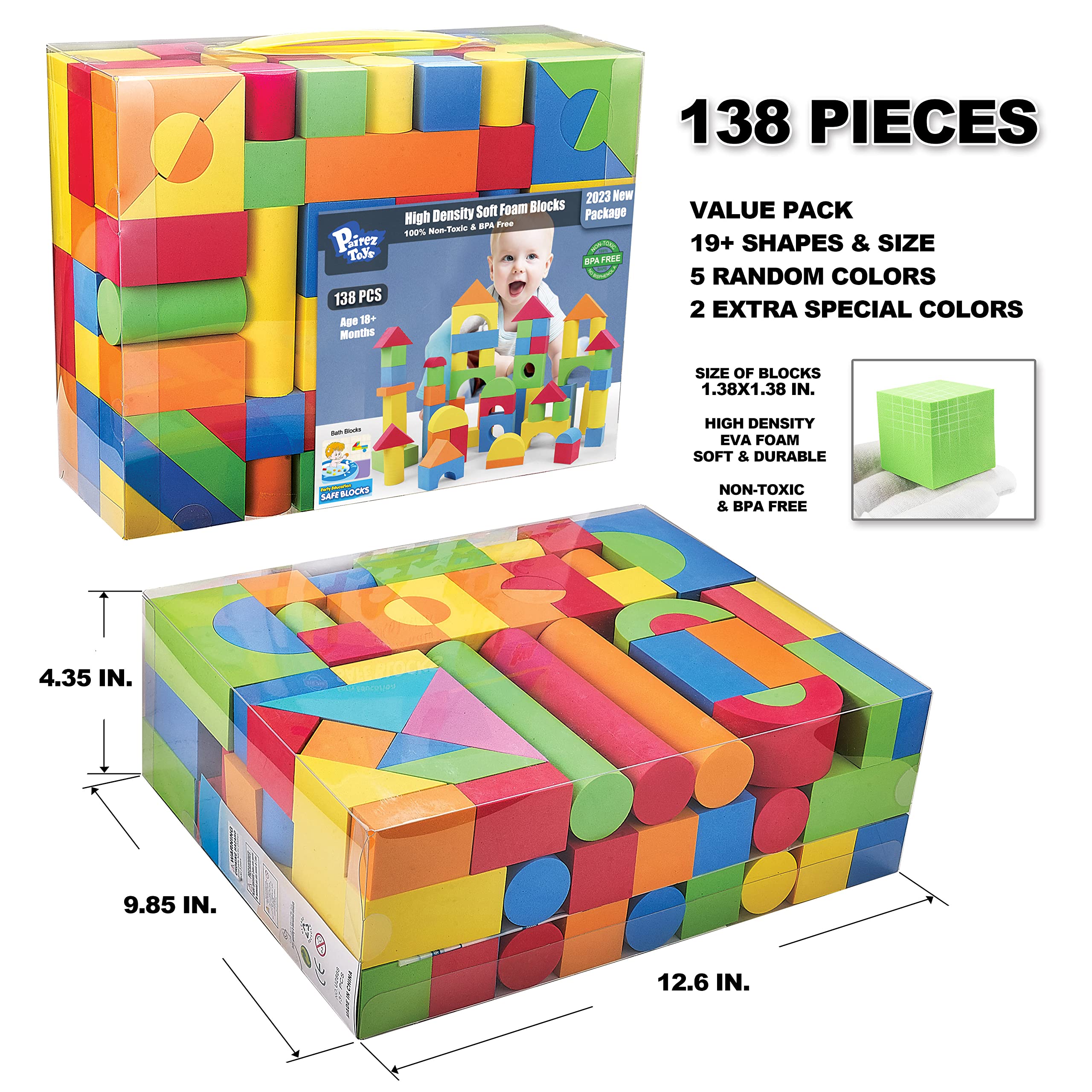 Foam Blocks for Toddlers, 138 Pieces EVA Soft Stacking Building Blocks Toy Set, Early Learning Construction Toys & Gifts for Kids, Boys & Girls 18+ Months 1-3 Years