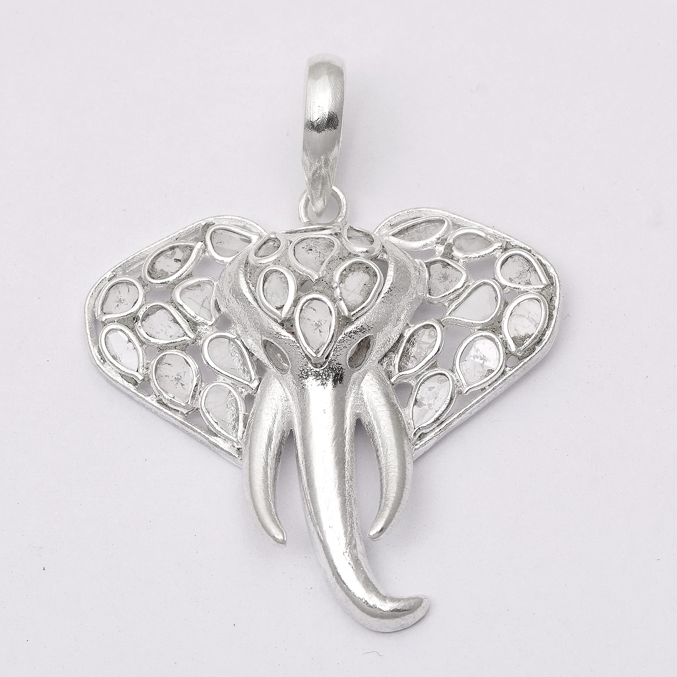 1.50 CTW Natural Diamond Polki Elephant Pendant 925 Sterling Silver Platinum Plated Slice Diamond Jewelry