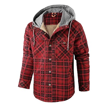 Flygo Men's Outdoor Casual Fleece Sherpa Lined Flannel Plaid Button Down Shirt Jacket