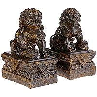 Design Toscano Chinese Guardian Lion Foo Dog Asian Decor Statues, 9 Inch, Set of Two Male and Female, Polyresin, Bronze Finish