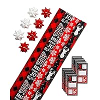 American Greetings Christmas Wrapping Paper Set with Cut Lines, Red, Black and White, Plaid, Reindeer and Snowflakes (4 Rolls, 7 Bows, 30 Gift Tags, 120 sq. ft.)