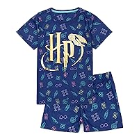 Harry Potter Kids Pyjama Set | Girls Gold Foil Logo Navy Short Sleeve T-Shirt & Shorts Loungewear PJs Bundle